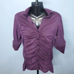 Vanity Women's Purple Ruffle 3/4 Cuff Sleeve Button Down Blouse |Size: L